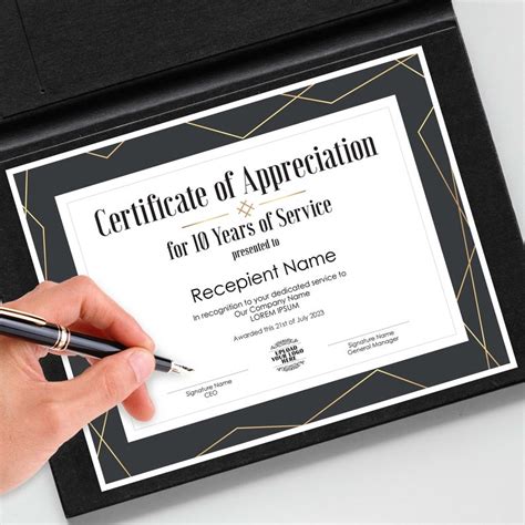 Download options for appreciation certificate for years of service EDITABLE 10 Years of Service Certificate of Appreciation Template, Printable Corporate Employee ...