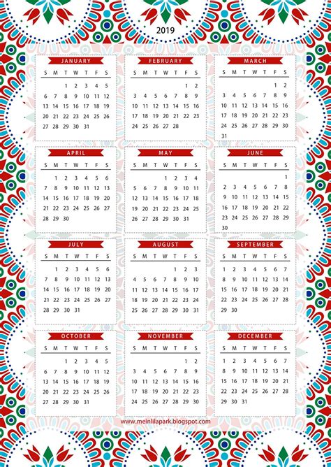 Free Printable 2019 One Page Calendar Kalender Freebie Meinlilapark