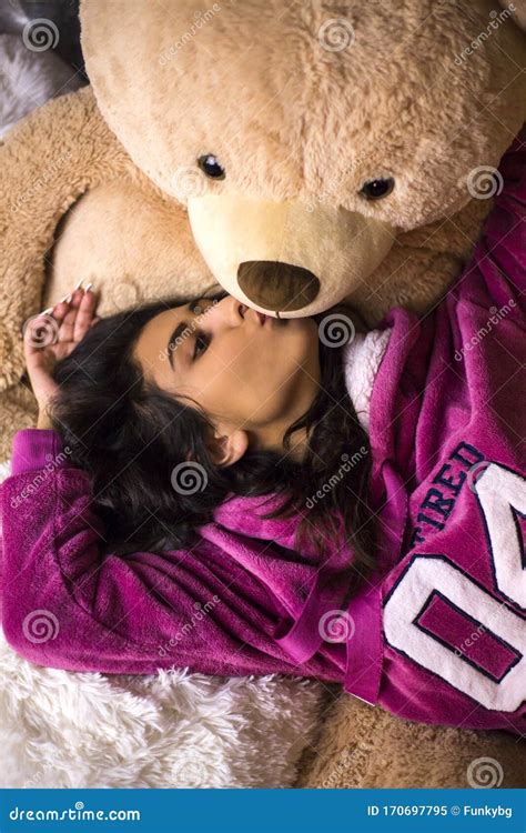 Cute Girl Posing With Teddy Bear Stock Image Image Of Background