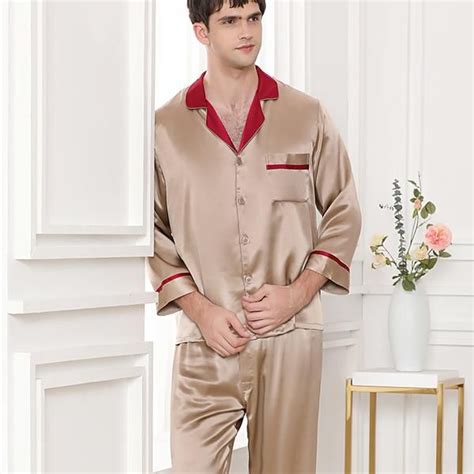 Long Sleeved Two Piece Silk Pajamas Set For Men With Trimming Silk