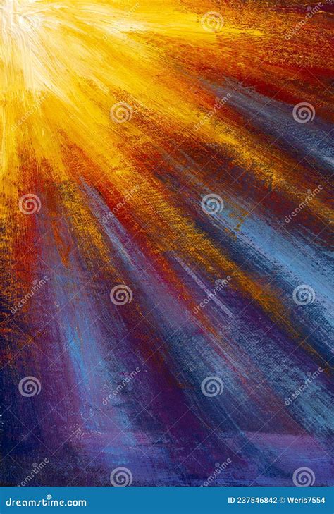 Hand Drawn Oil Painting Yellow Orange Sun Rays On Blue Purple Pink