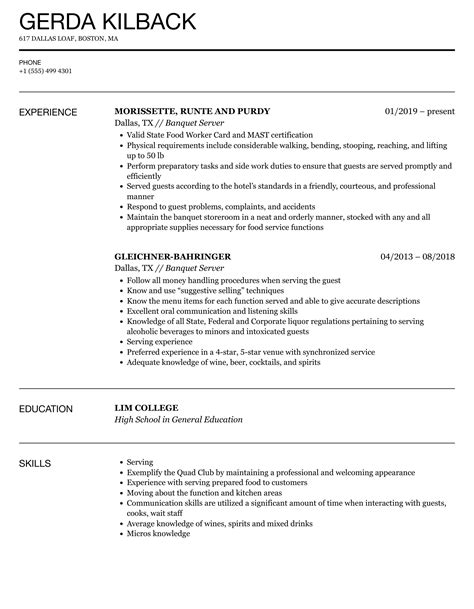 Banquet Server Resume Samples Velvet Jobs