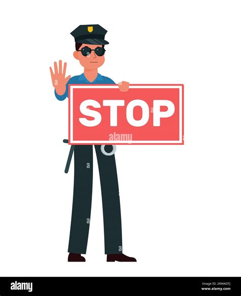 Policeman Holding Sign Stop And Showing Hand Gesture Stop Police