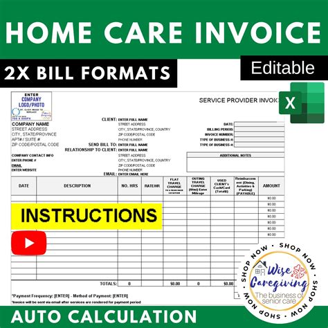 Home Care Invoice Senior Care Template Caregiver Billing Etsy