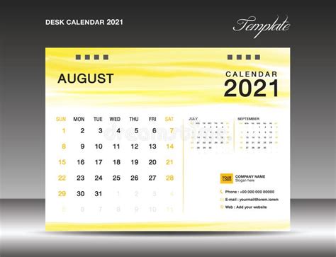 Calendar 2021 Template Design Desk Calender 2021 August Template