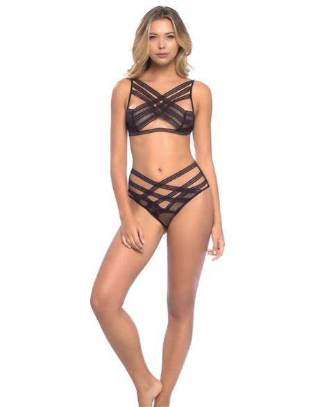 Strappy Elastic And Mesh Soft Cup Bra And Ruched Back Panty Black