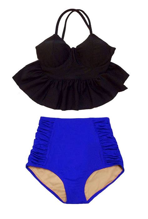 Black Long Peplum Top And Blue Ruched High Waisted By Venderstore
