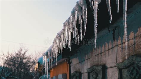 Winter Icicles Melting On The Roof Is Dripping Slow Motion Stock