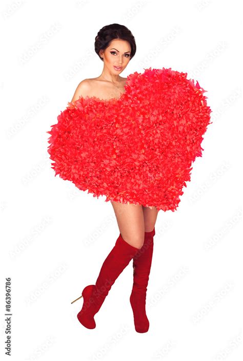 Sexy Naked Woman Holding Big Red Heart Shape Isolated On White