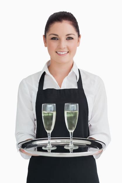 Premium Photo Smiling Waitress Holding Tray With Champagne