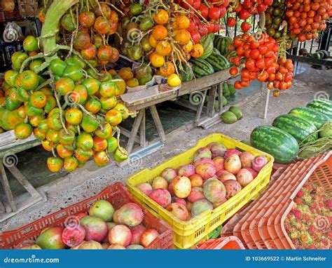 Peach Palm Fruits Bactris Gasipaes Displayed With Other Fruits At