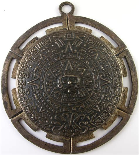Vintage Large Mayan Calendar Pendant Sterling Silver Mexico From