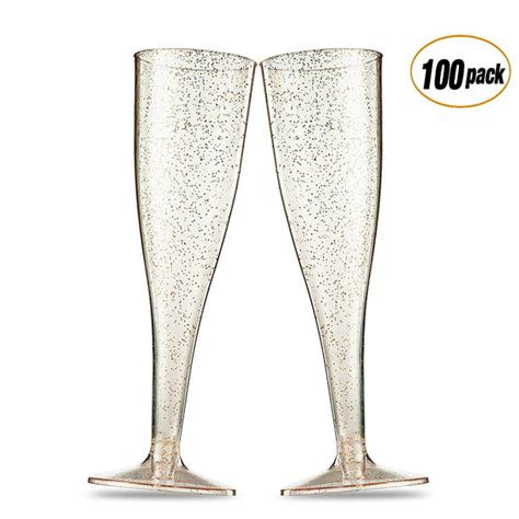 100 Pack Gold Glitter Plastic Champagne Flutes 5 Oz Clear Plastic Toasting Glasses Disposable