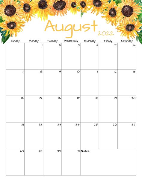 August Calendar August 2022 Printable Calendar Sunflower Etsy Uk