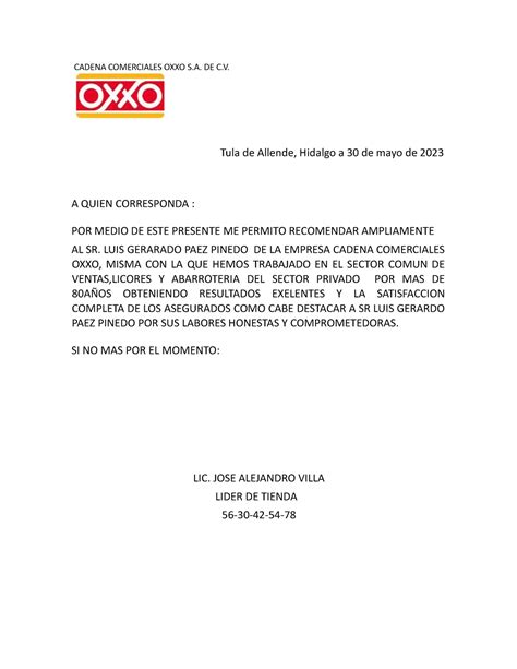 Carta De Recomendacion Cadena Comerciales Oxxo S De C Tula De