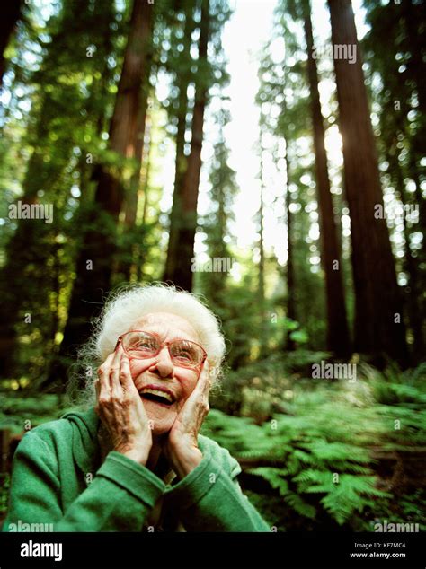 Usa California Eureka 103 Year Old Woman Laughing In The Redwoods In