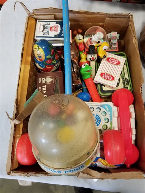 2 boxes of vintage toys and wood collectibles