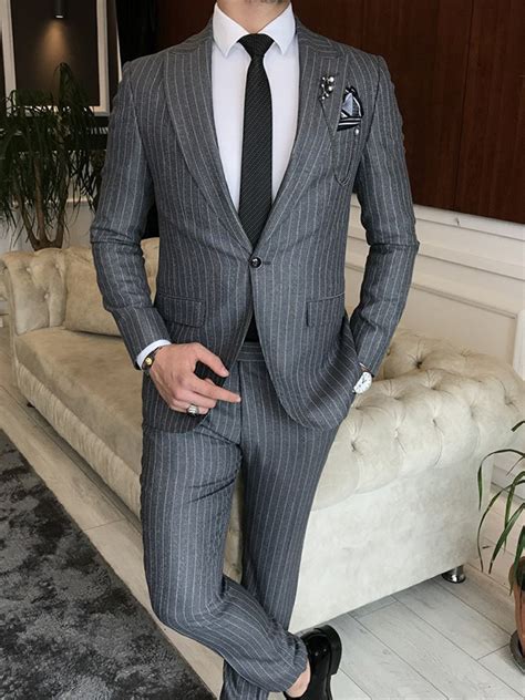 Gray Slim Fit 2 Piece Peak Lapel Pinstripe Suit By