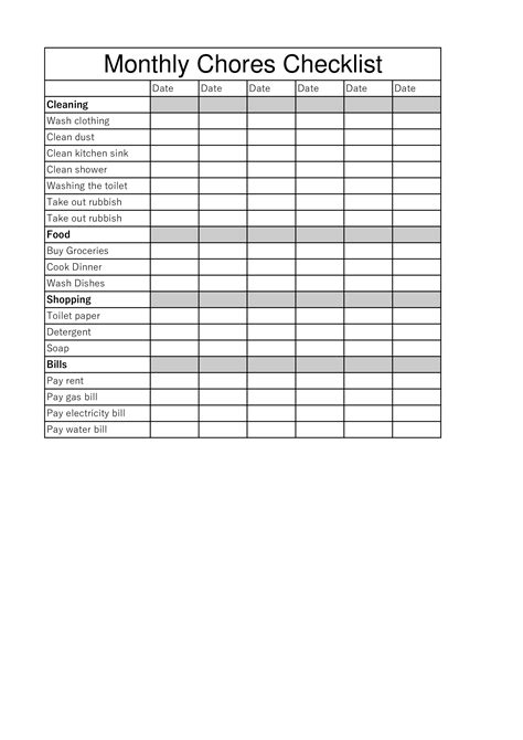 Monthly Chore Checklist Templates At