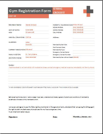 Gym Registration Forms For Ms Word And Excel Word And Excel Templates