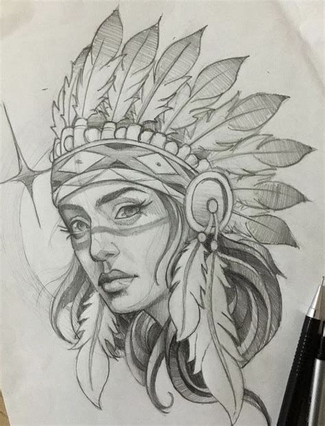 A Pencil Drawing Of A Native American Woman