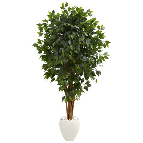 Nearly Natural 6ft Ficus Artificial Tree In White Planter Green