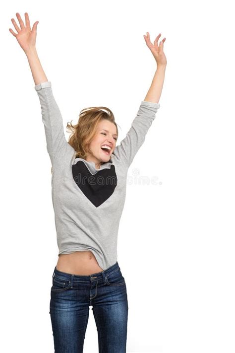Happy Woman Jumping Stock Photo Image Of Excited Latinamerican 25980248