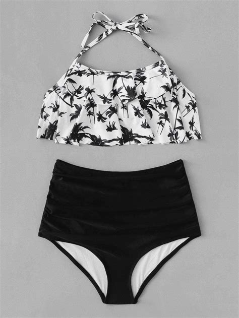 White Floral Flounce Halter Top Swimsuit With Black Bikini Bottom