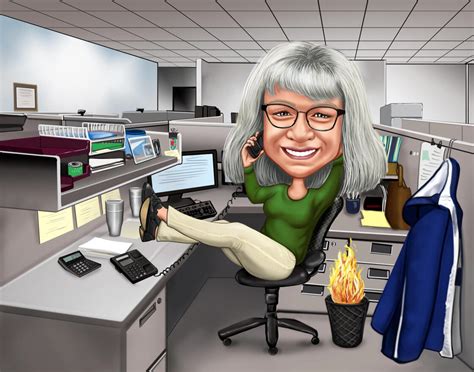 Happy Woman Manager Sits On Her Desk Caricature In Colored Full Body