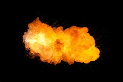 Realistic Fiery Explosion Orange Color With Sparks Isolated On Black