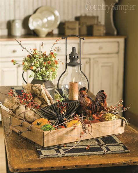 This Rustic Autumn Centerpiece Features A Lantern A Redware Rooster