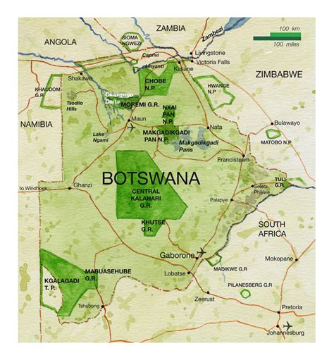 National Parks Map Of Botswana With Roads Major Cities And Airports