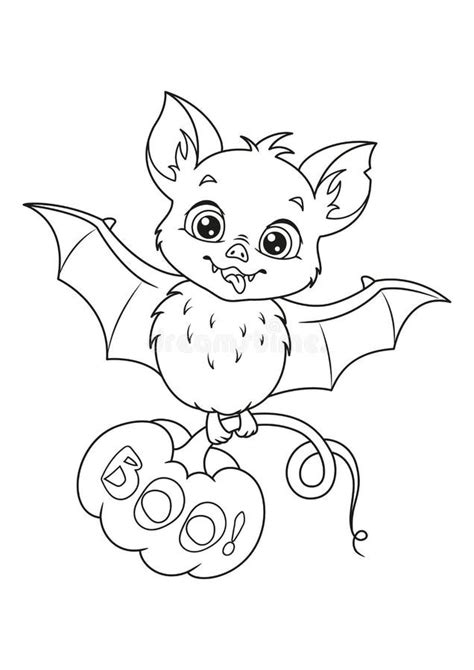 Cute Halloween Bat With Pumpkin Coloring Page Stock Vector