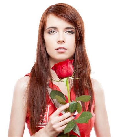 Girl Holding Red Rose Stock Image Image Of Indoors Face 27534355