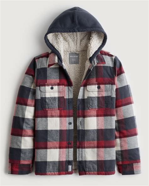 Hollister Relaxed Sherpa Lined Hooded Flannel Shirt Jacket In Grey For Men Lyst Uk