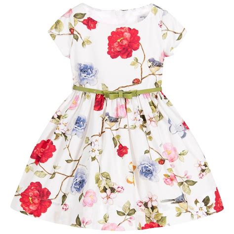 Girls Beautiful White Dress By Monnalisa Bimba With A Lovely Red Pink Blue And Green Floral