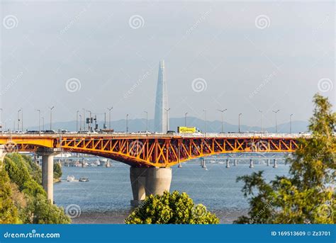 Bridge Over Hangang River Han River Against Seoul Skyline In South