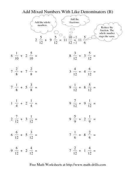 Add Mixed Numbers With Like Denominators Worksheet Worksheet For 4th