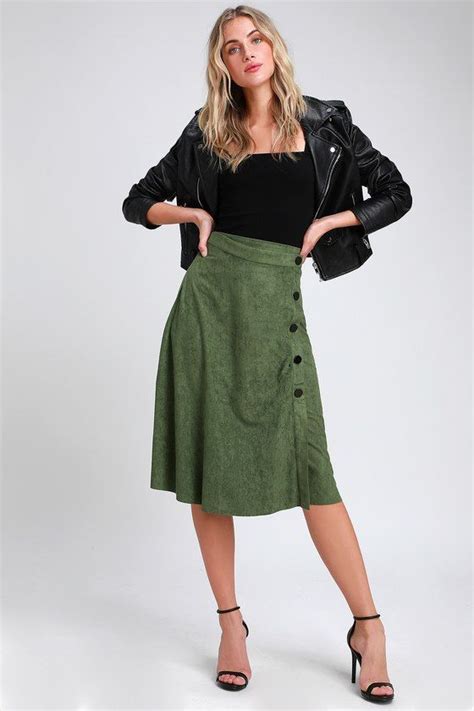Halloway Olive Green Suede Button Front Midi Skirt Green Skirt Outfits Clothes Trendy