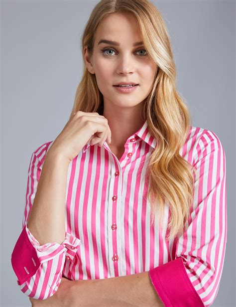 Womens Pink And White Bengal Stripe Semi Fitted Shirt Single Cuff Hawes And Curtis