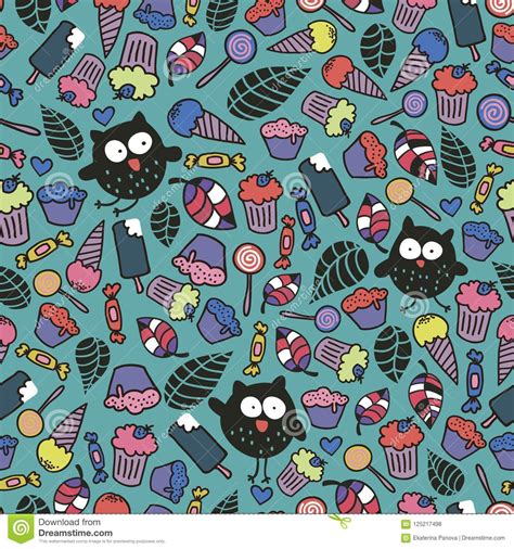 Endless Wallpaper With Cute Crazy Owls And Candies Stock Vector