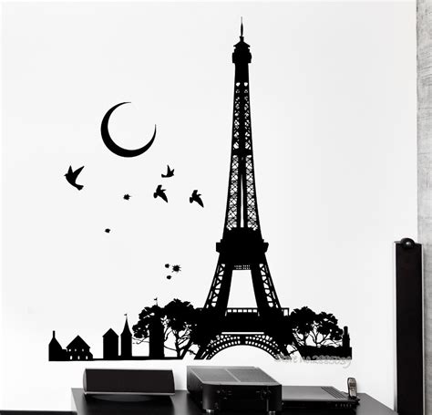 Wall Decal Romantic Paris France Eiffel Tower Night Moon Birds Vinyl