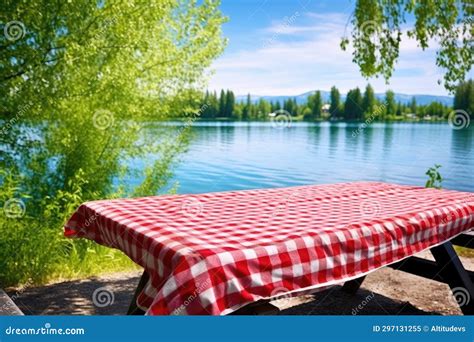Lakeside Picnic Table With A Red Checkered Cloth Stock Image Image Of