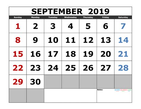 Free September 2019 Printable Calendar Templates Us Edition