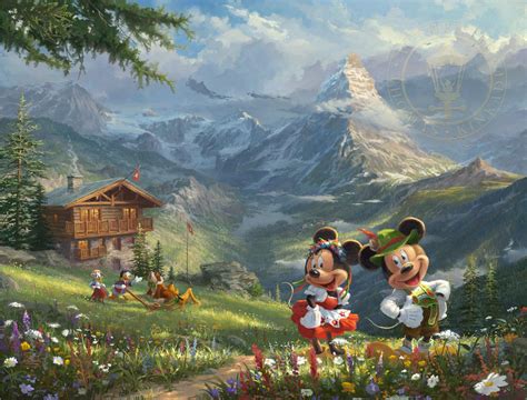 Thomas Kinkade Disney Mickey And Minnie In The Alps Giclee On Canvas
