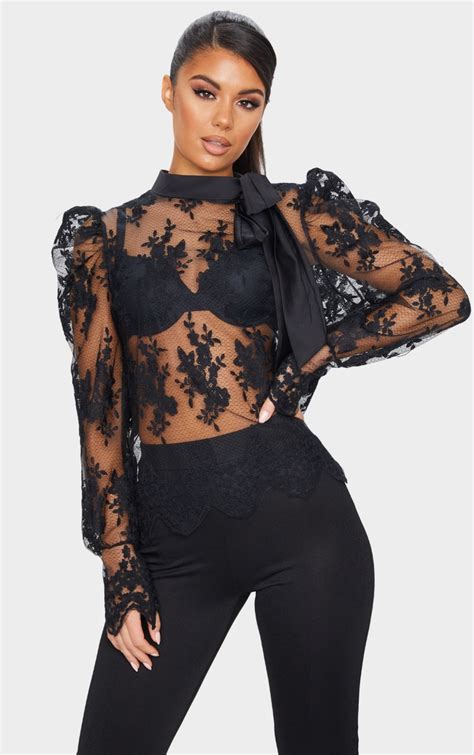 black sheer lace pussy bow blouse tops prettylittlething qa