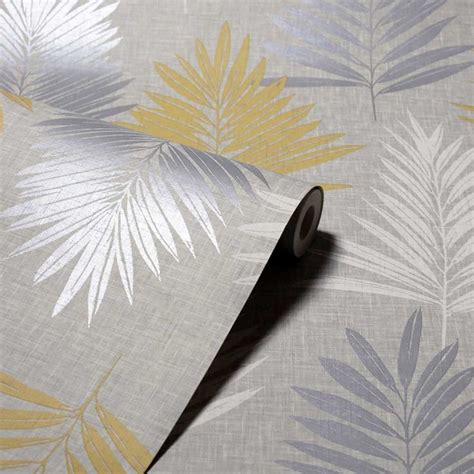 Linen Palm By Arthouse Ochre Grey Wallpaper