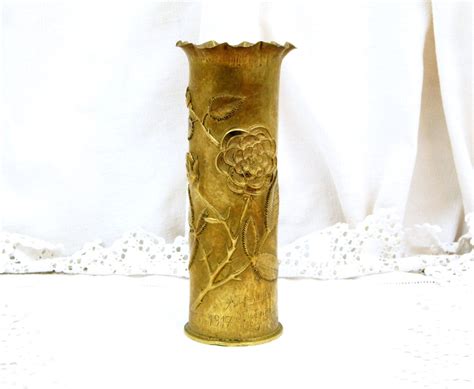 1917 Antique French Trench Art Vase Made From Brass Shell