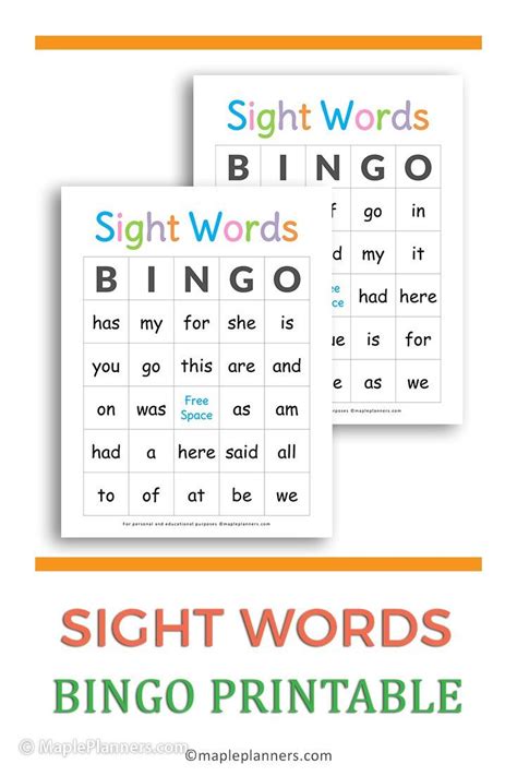 Free Printable Sight Word Bingo Cards