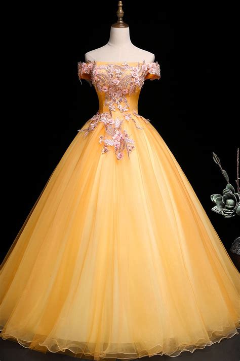 Beautiful Light Yellow Tulle Ball Gown Off Shoulder Sweet Dress